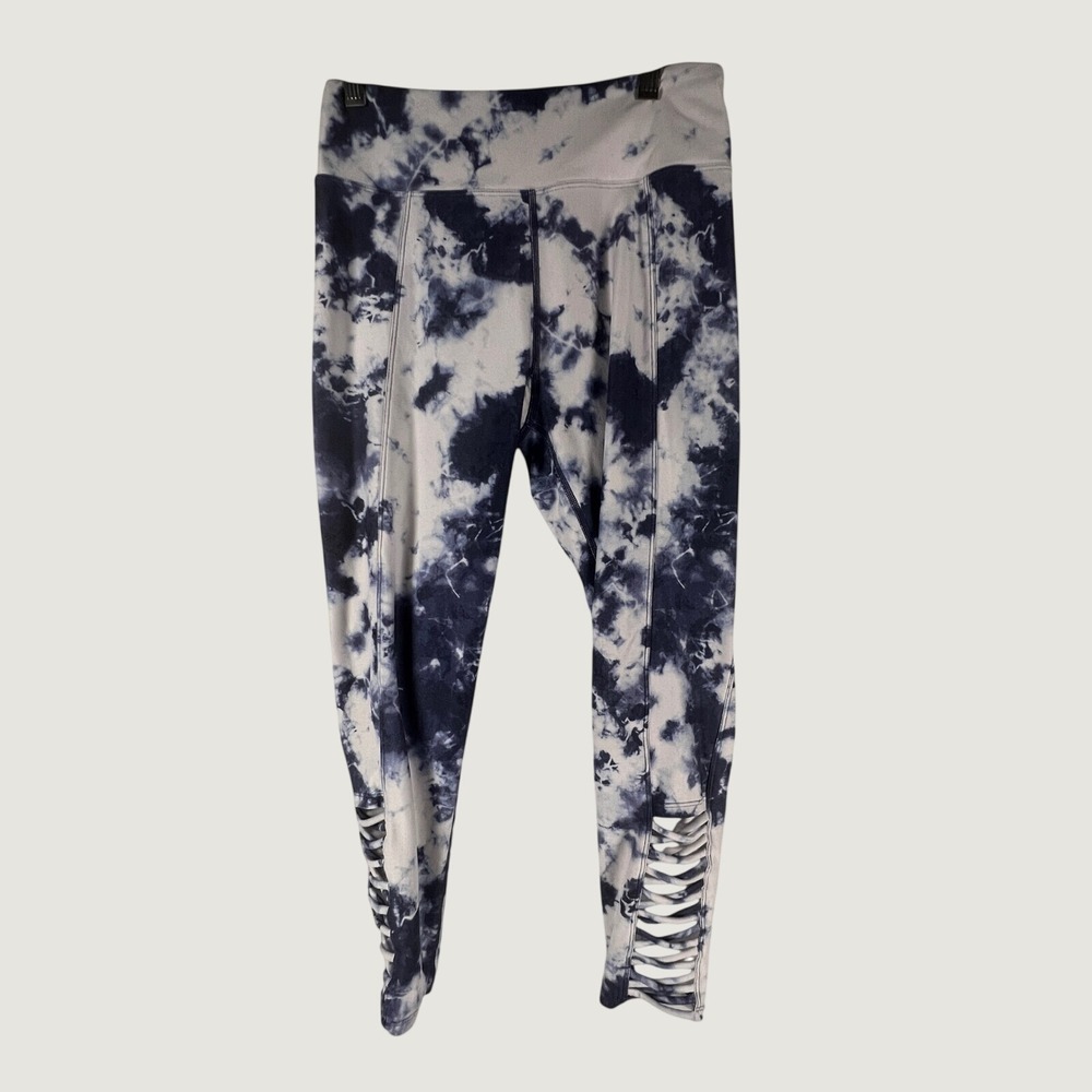 Betsey Johnson Performance Tie Dye Leggings Blue White Lattice Strappy SZ Medium